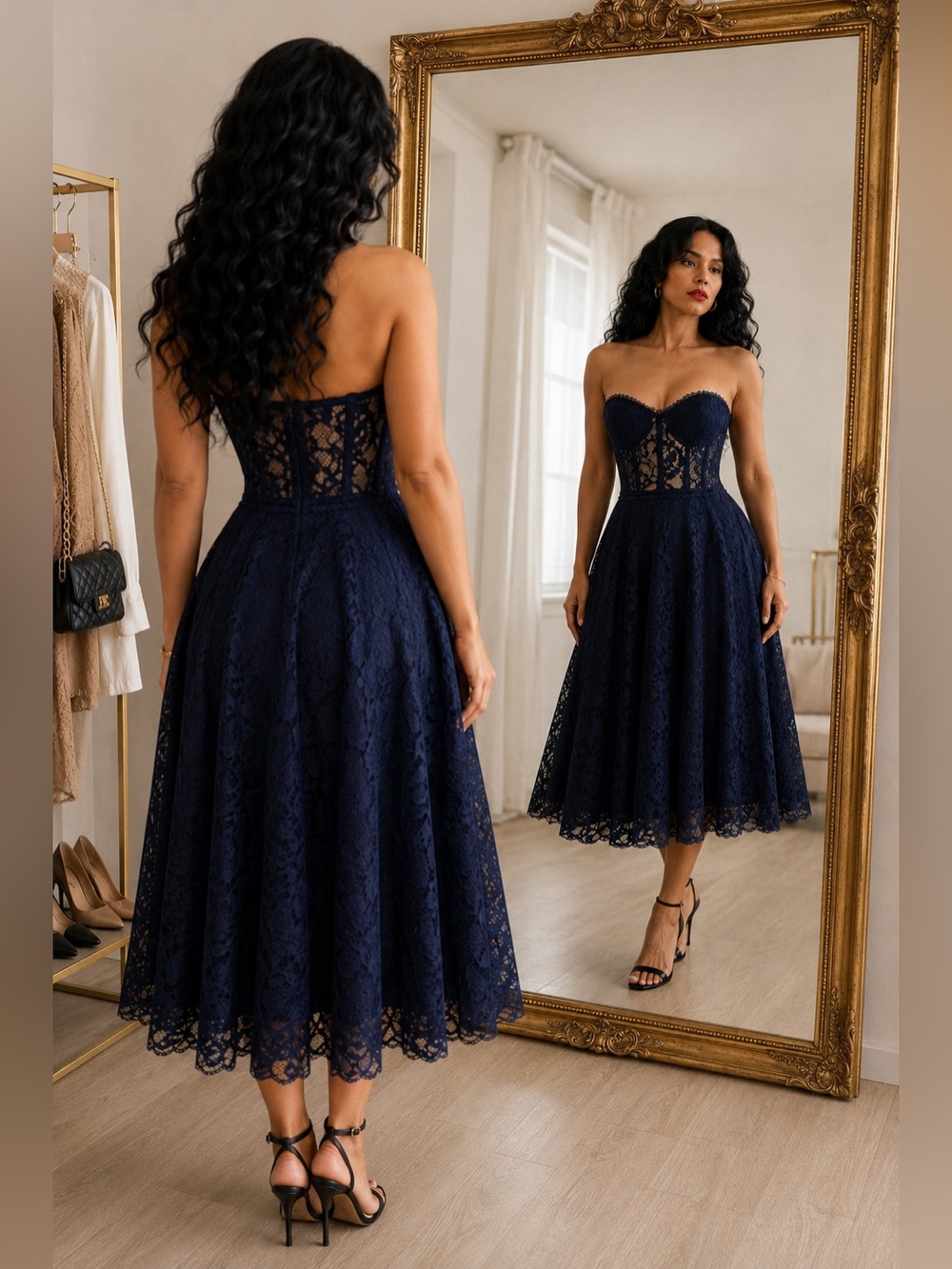 Strapless Navy Blue Lace Midi Dress